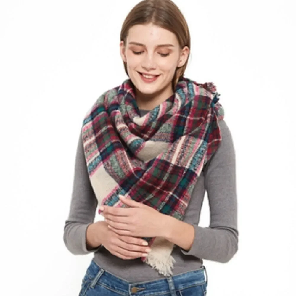 Cozy Oversized Plaid Blanket Scarf Wrap Fringe Trim